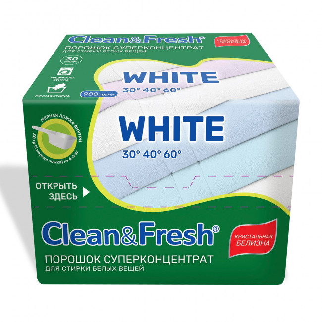Clean&Fresh порошок суперконцентрат для стирки белого белья 900г Clean&Fresh порошок суперконцентрат для стирки белого белья 900г