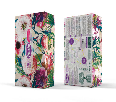 Plushe Бумажные салфетки 2 слоя 180л, в коробочке Единороги/Цветы