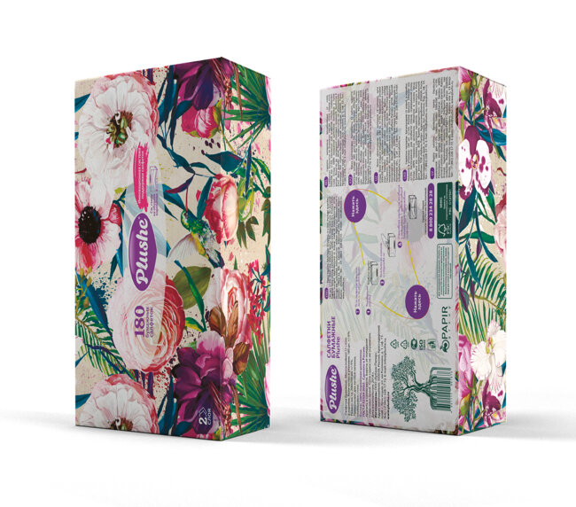 Plushe Бумажные салфетки 2 слоя 180л, в коробочке Единороги/Цветы