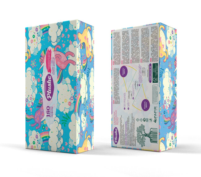 Plushe Бумажные салфетки 2 слоя 180л, в коробочке Единороги/Цветы