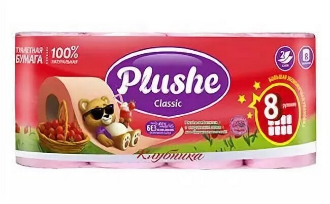 Plushe Classic туалетная бумага 2 слоя 8 рулонов 18м Клубника Plushe Classic туалетная бумага 2 слоя 8 рулонов 18м Клубника