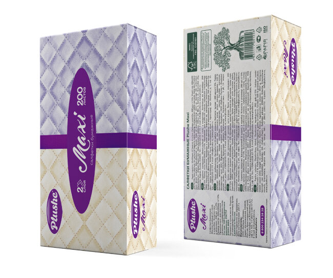 Plushe Бумажные салфетки 2 слоя 200л, в коробочке Ассорти