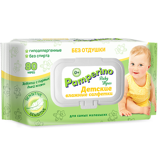 Pamperino  №80  БЕЗ ОТДУШКИ детские влажные салфетки с пластиковым клапаном