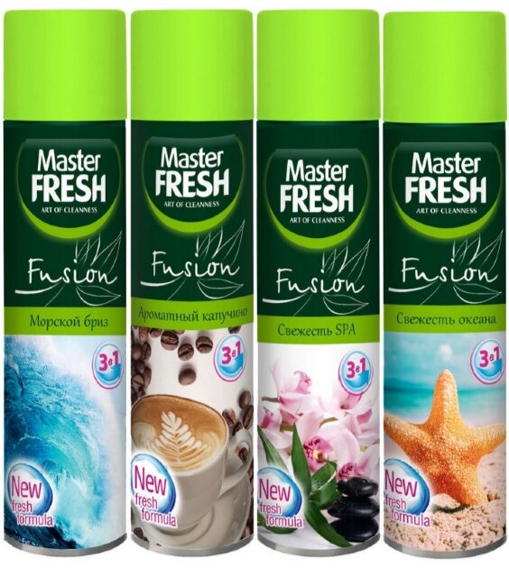 Master FRESH Освежитель воздуха  Fusion BIO Fresh 3 в 1 Mix 2, набор 4шт х 300мл  Морской бриз, Ароматный капучино, Свежесть SPA, Свежесть океана 300мл