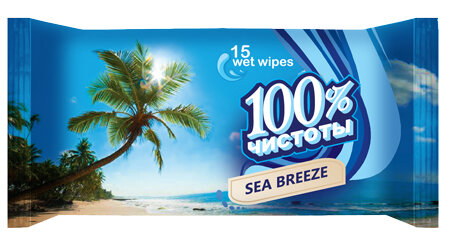 Влажные салфетки 100% чистоты Морская свежесть 15шт Влажные салфетки 100% чистоты Морская свежесть 15шт