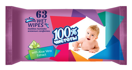 Влажные салфетки детские 100% чистоты Алоэ 63шт