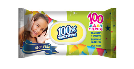 Влажные салфетки детские 100% чистоты Алоэ 100шт, Клапан Влажные салфетки детские 100% чистоты Алоэ 100шт, Клапан
