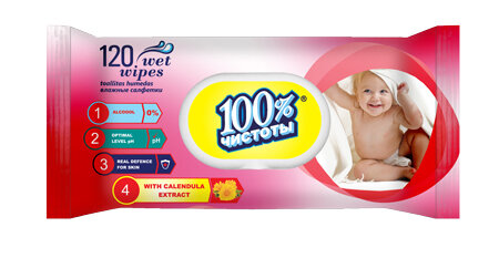 Влажные салфетки детские 100% чистоты Календула 120шт, Клапан Влажные салфетки детские 100% чистоты Календула 120шт, Клапан