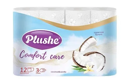 Plushe Comfort Care туалетная бумага Coconut & Vanilla, 3 слоя, 12 рулонов, ароматизированная