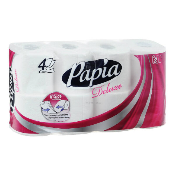 Туалетная бумага Papia Deluxe 4 слоя, Белая 8рул