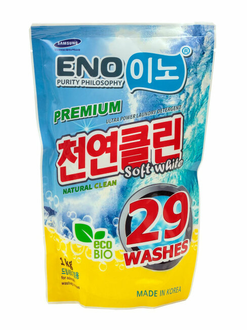 Бесфосфатный универсальный концентрированный порошок для стирки  ENO  1 кг. soft white мягкая упаковка