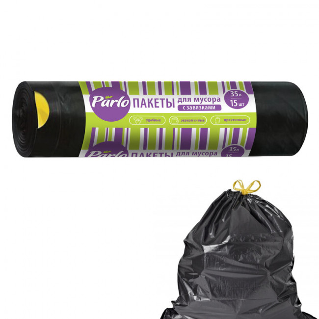 PARLO пакеты для мусора 35 литров, 15 штук с завязками (ЧЕРНЫЕ) 12мкм PARLO пакеты для мусора 35 литров, 15 штук с завязками (ЧЕРНЫЕ) 12мкм