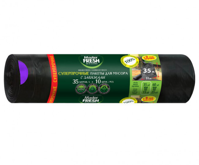 Master FRESH пакеты д/мусора суперпрочные с завязками 35л, 10шт (ЧЕРНЫЕ) 24мкм усиленное дно