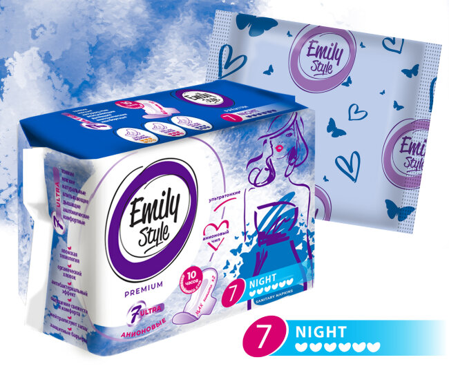Emily STYLE PREMIUM прокладки анионовые NIGHT 7шт УЛЬТРАТОНКИЕ