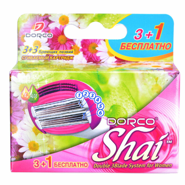 DORCO SHAI Sweetie 4 кассеты, 6 лезвий на двойной сгибаемой головке, микрогребень и увлажняющая полоска. DORCO SHAI Sweetie 4 кассеты, 6 лезвий на двойной сгибаемой головке, микрогребень и увлажняющая полоска.
