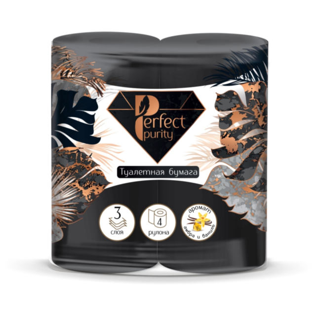 Туалетная бумага Perfect Purity, 3сл, 4рул, черная с ароматом Амбра и Ваниль
